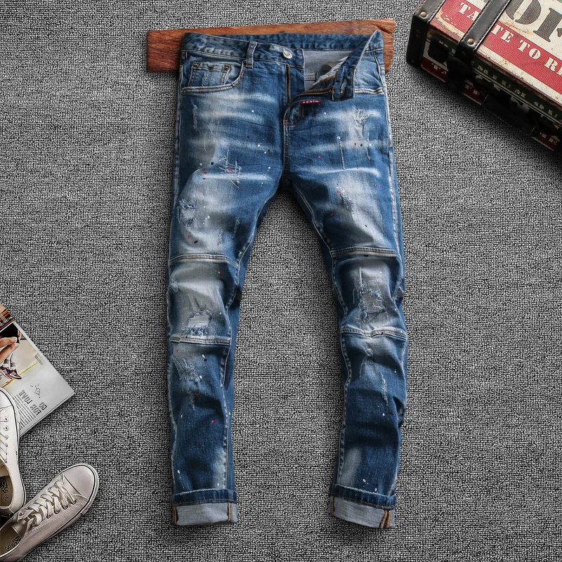 Italian Style Fashion Men Jeans Retro Blue Elastic Slim Fit Hip Hop Ripped Denim Trousers Painted Designer Spliced Biker Pants
Italian Style Fashion Men Jeans Retro Blue Elastic Slim Fit Hip Hop Ripped Denim Trousers Painted Designer Spliced Biker Pants