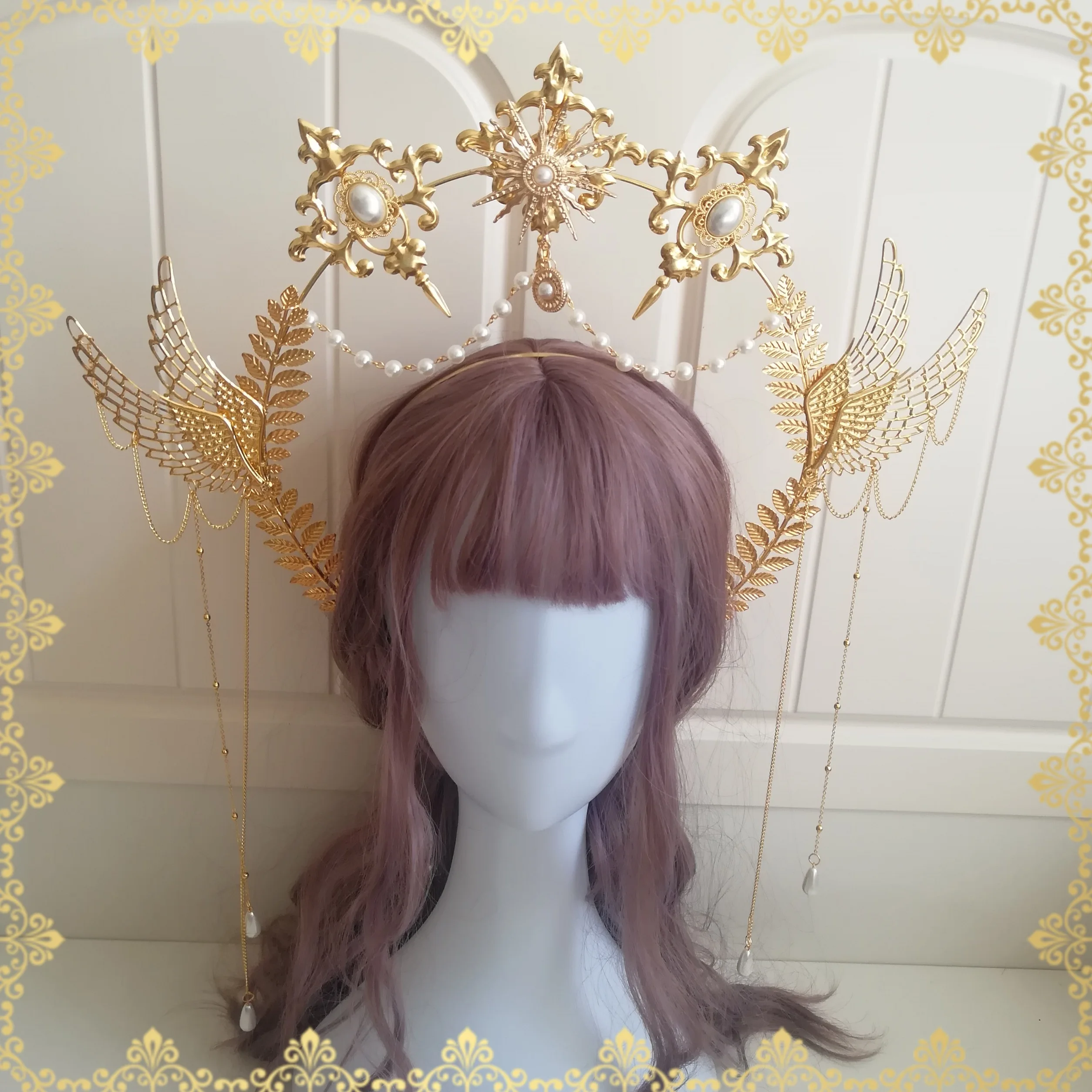 

Lolita hand-made tea party flower marriage virgin halo crown headdress pearl chain sun wings chain