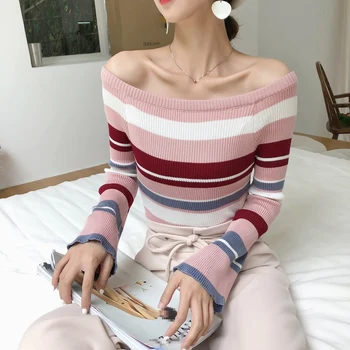 Striped Pattern Sweater Women Fashion Slim Off-the-shoulder Knit Pullover Tops Sueter Mujer Invierno 2019 Flare Sleeve Sweaters
Striped Pattern Sweater Women Fashion Slim Off-the-shoulder Knit Pullover Tops Sueter Mujer Invierno 2019 Flare Sleeve Sweaters