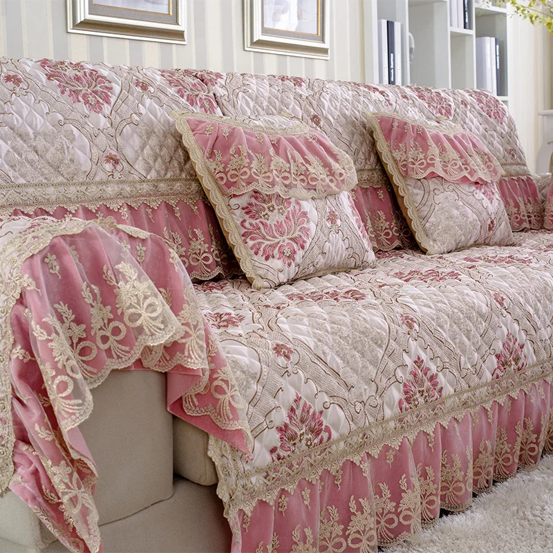 

High-end Luxury Sofa Sets Cover Sofa Pink Jacquard Lace Sofa Slipcovers Cotton Linen Sectional Couch Covers Lace Towel Case Sofa