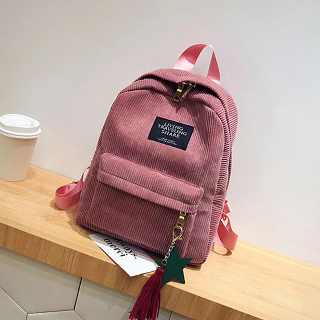 Фото Женский вельветовый Рюкзак # H40 однотонный школьный винтажный рюкзак в полоску