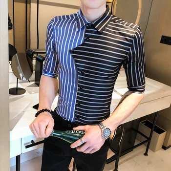 Striped Shirt Men Personality Slim Splice Design Blouse Male Fashion Casual Five-point Sleeve Shirts Summer New Arrival 
Striped Shirt Men Personality Slim Splice Design Blouse Male Fashion Casual Five-point Sleeve Shirts Summer New Arrival