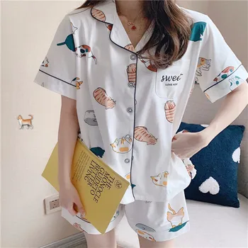 Summer Pajamas Set Women White Cartoon Cotton Short-Sleeved Shorts Cat Print Pattern Home wear With Eye Mask
Summer Pajamas Set Women White Cartoon Cotton Short-Sleeved Shorts Cat Print Pattern Home wear With Eye Mask