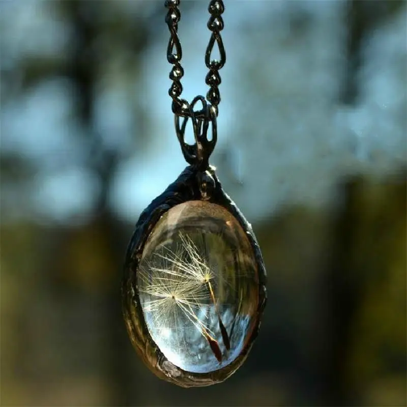 Фото Модное винтажное овальное ожерелье из натурального одуванчика серебряного