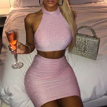 Women's Sequined Sexy ClubTwo Piece Set Female 2 Piece Set 2020 Summer Halter Backless Tops AND Slim Wrap Hip Mini Skirts
Women's Sequined Sexy ClubTwo Piece Set Female 2 Piece Set 2020 Summer Halter Backless Tops AND Slim Wrap Hip Mini Skirts