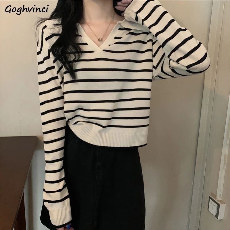 

Striped Pullovers Women V-neck Long Sleeve Knitted Tops Spring Fall Casual Female Chic Loose Sweaters Ins Jumper женская одежда