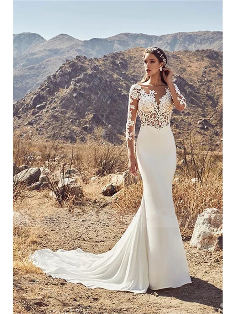 vestido novia Elegant Backless Mermaid Wedding Dress Long Sleeves Lace Appliques Wedding Gown White Ivory Stain Bride Dresses (4)