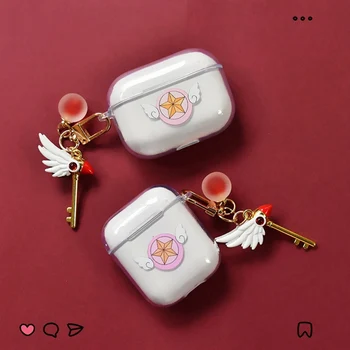 

Anime Cardcaptor Bird head Magic Wand Keychain Toy Sakura Clow Clear Card Captor Star wings Key Ring With Case For Airpods