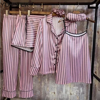 2019 New Spring Women's Long Sleeve Stripes Pyjamas 7 Piece Sling Trousers Set Silk Satin Nightwear Home Clothes Sleepwear
2019 New Spring Women's Long Sleeve Stripes Pyjamas 7 Piece Sling Trousers Set Silk Satin Nightwear Home Clothes Sleepwear