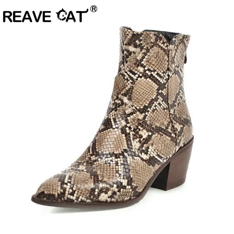 REAVE CAT Women Snake Pattern Print Ankle Boots Pointed Toe Square Thick Heel Faux Leather Zipper Elegant Big size 33-48 Black
REAVE CAT Women Snake Pattern Print Ankle Boots Pointed Toe Square Thick Heel Faux Leather Zipper Elegant Big size 33-48 Black