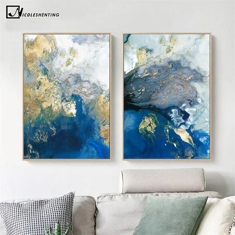 

Blue Golden Modern Abstract Ocean Wall Poster Nordic Canvas Print Painting Contemporary Art Decoration Picture Living Room Decor
