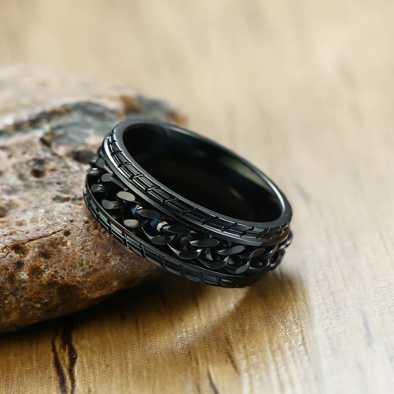 Vnox 8 мм крутая черная прядильная цепь кольцо для мужчин текстура шин нержавеющая