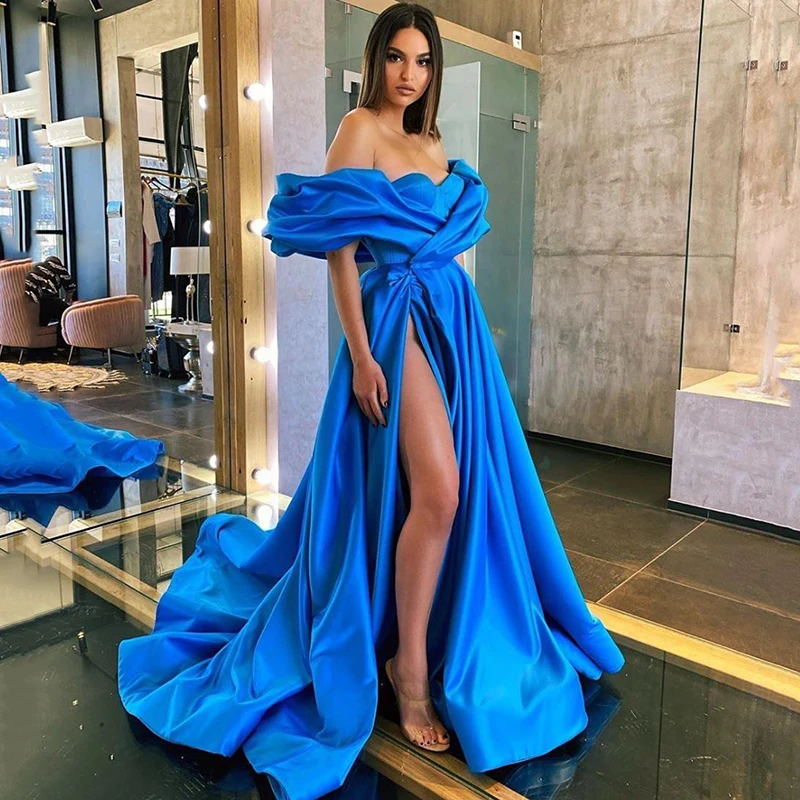 

A-Line Arabic Off Shoulder Prom Evening Dresses Sexy High Split Sleeveless Floor Length Multiple Colour Celebrity Party Gowns