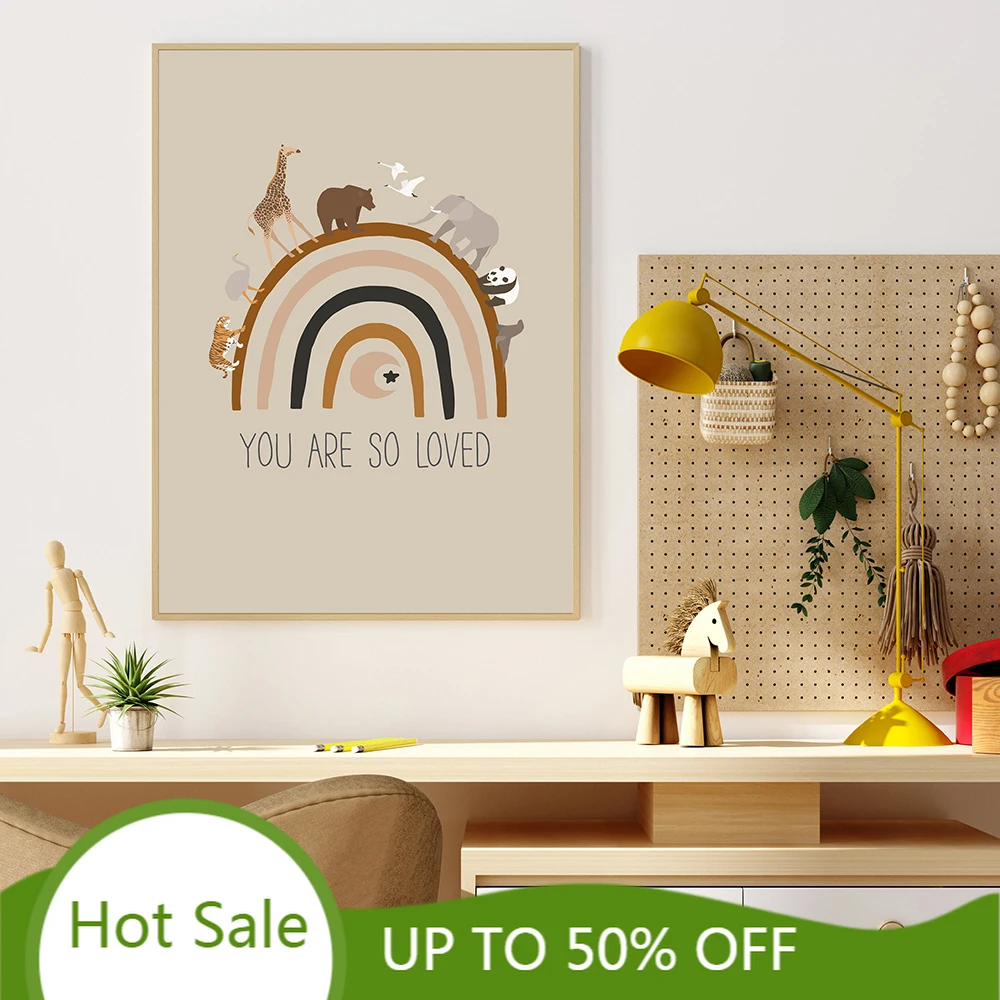 WTQ Boho Animal Rainbow Wall Art Canvas Painting Posters Welcome To The World Quotes Safari Nursery Pictures Home Decoration | Дом и сад