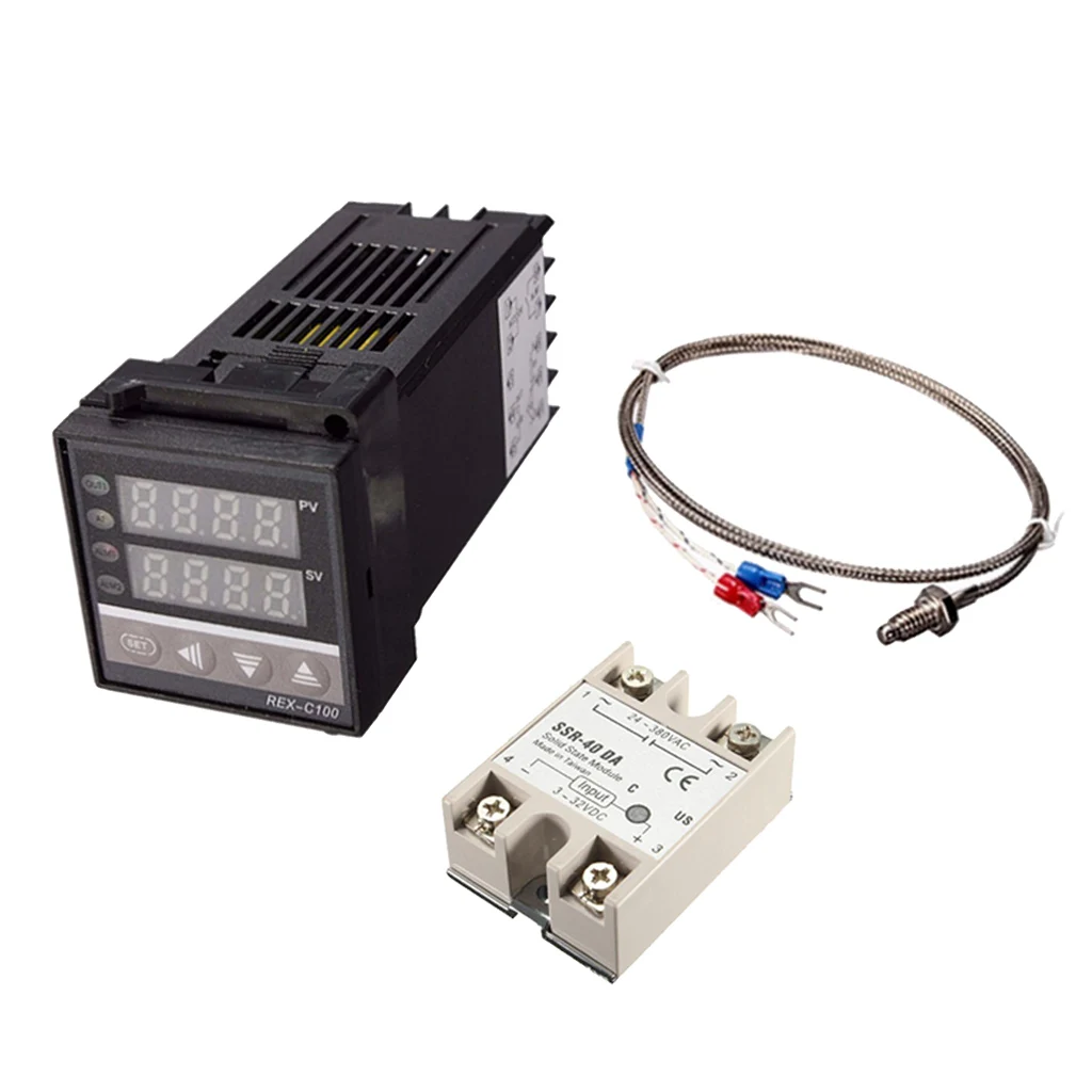 REX-C100 Digital PID Temperature Controller Set: Thermostat SSR output + Max.40A SSR Relay + K Thermocouple Probe RKC (3PCS) REX-C100 Digital PID Temperature Controller Set: Thermostat SSR output + Max.40A SSR Relay + K Thermocouple Probe RKC (3PCS)