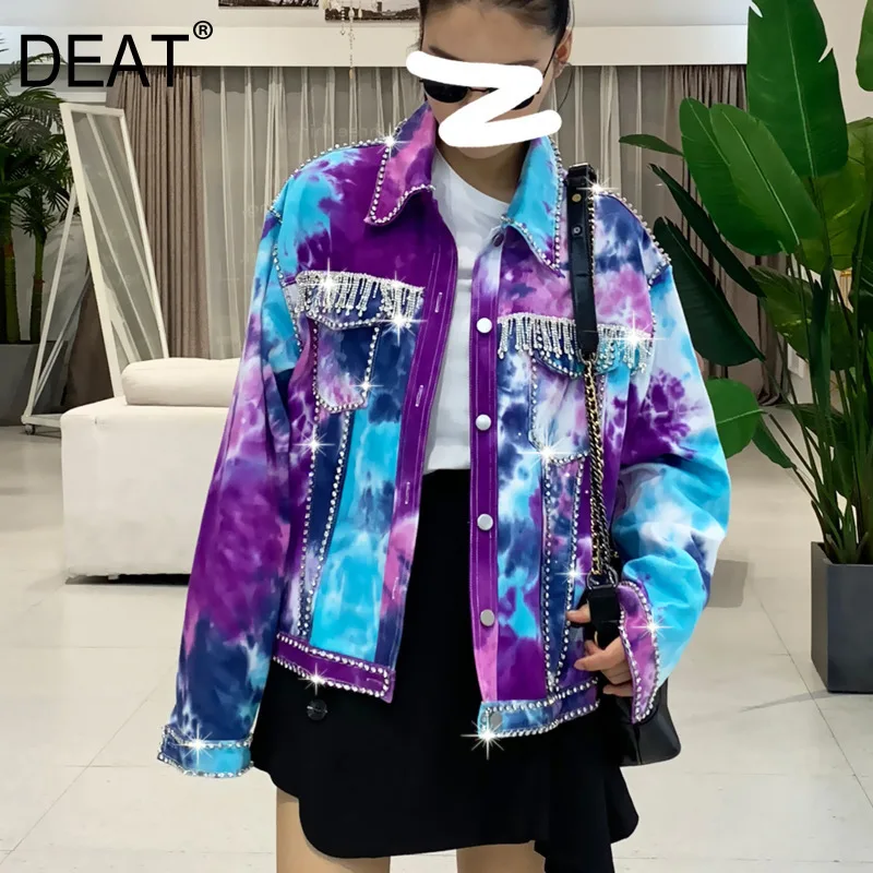 DEAT purple lapel long sleeve hit color tie dyed diamond fringe woman denim jacket simple fashion 2019 autumn new TV852
DEAT purple lapel long sleeve hit color tie dyed diamond fringe woman denim jacket simple fashion 2019 autumn new TV852