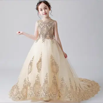 Puffy Flower Girl Dresses for Wedding and Party Gold Hand Applique High Neck Children Long Tail Formal Prom Dress for Teens Girl
Puffy Flower Girl Dresses for Wedding and Party Gold Hand Applique High Neck Children Long Tail Formal Prom Dress for Teens Girl