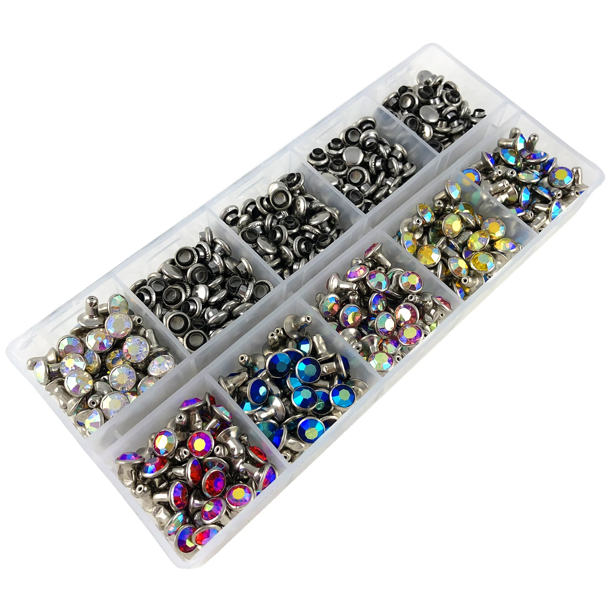 

YORANYO 360 Sets CZ++ Aurora Borealis Crystal Rivets Silver Plated Mixed Color Spots Studs Double Cap for Leather-Crafting