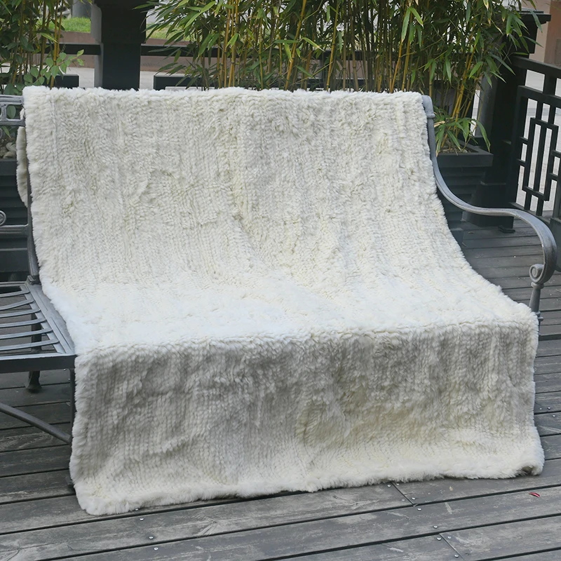 

CX-D-95D 122X183CM Custom Made Hand Knitted Cream Color Rex Rabbit Fur Throw Blankets Bed