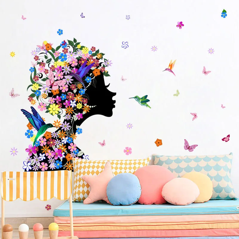 

1PCS Cartoon Flower Butterfly Girl Wall Sticker For Kid Bedroom Living Room Study Decals Mural Home Decor Girls Gift 46*60CM