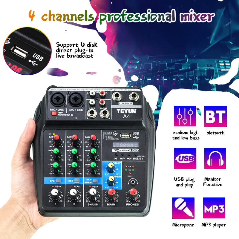 4 Channels USB Audio Mixer A4 Sound Mixing Console Bluetooth Record Computer Playback Delay Conference Stereo Microphone Karaoke
4 Channels USB Audio Mixer A4 Sound Mixing Console Bluetooth Record Computer Playback Delay Conference Stereo Microphone Karaoke