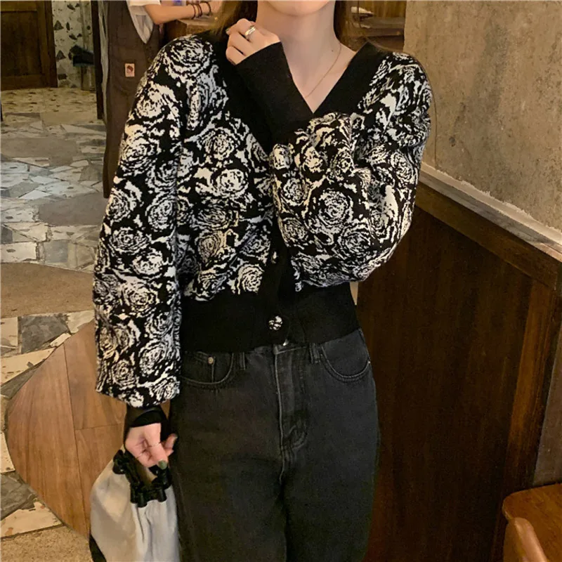 Flower Print Knit Sweater Korean Style Vintage Contrast Color Rose Pattern V-neck Single-Breasted Short Lantern Sleeve Cardigan
Flower Print Knit Sweater Korean Style Vintage Contrast Color Rose Pattern V-neck Single-Breasted Short Lantern Sleeve Cardigan