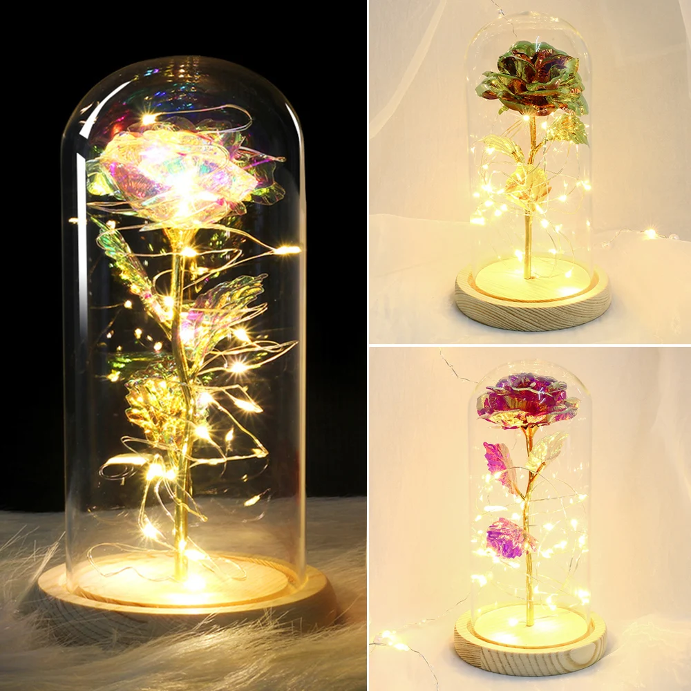Rose Beauty and Beast Rose In Flask LED Light Valentines Day Gift Gold-plated Rose with LED Light in Glass Dome On A Wooden Base
Rose Beauty and Beast Rose In Flask LED Light Valentines Day Gift Gold-plated Rose with LED Light in Glass Dome On A Wooden Base