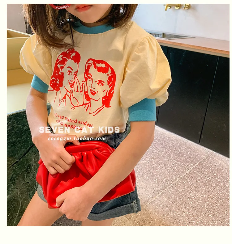 Summer short-sleeved girl T-shirt round neck bubble sleeve top fashion design sense American clothes medium large girl clothes Summer short-sleeved girl T-shirt round neck bubble sleeve top fashion design sense American clothes medium large girl clothes