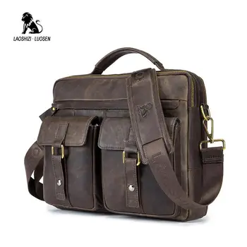 

LAOSHIZI LUOSEN Men Handbag Genuine Leather Business Messenger Bag Vintage Men Bag Laptop Shoulder Crossbody Crazy Horse Travel