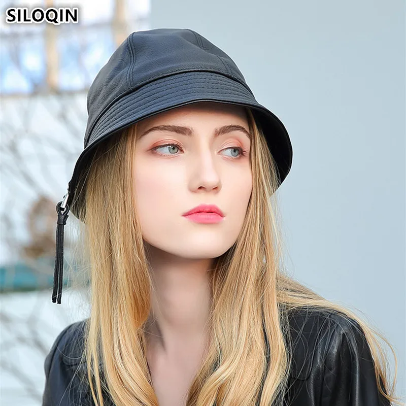 

SILOQIN New Genuine Leather Hat Elegant Fashion Women Bucket Hats Sheepskin Leather Novelty Women's Trendy Brands Leather Cap