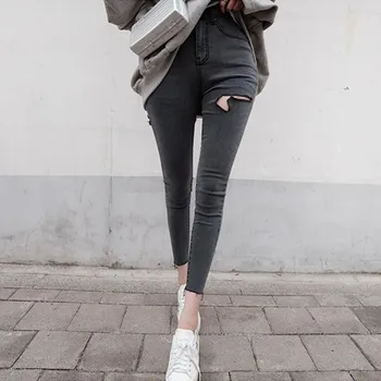 Women's casual high waist jeans 2019 Korean version of the autumn sexy hole design slim feet jeans 
Women's casual high waist jeans 2019 Korean version of the autumn sexy hole design slim feet jeans