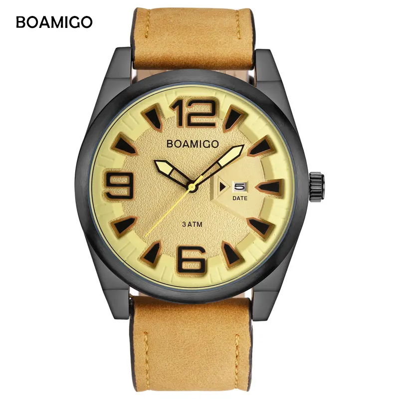 

BOAMIGO Brand Watches For Men Fashion Casual Quartz Watches Auto Date Leather Wristwatches 30M Water Resistant relogio masculino