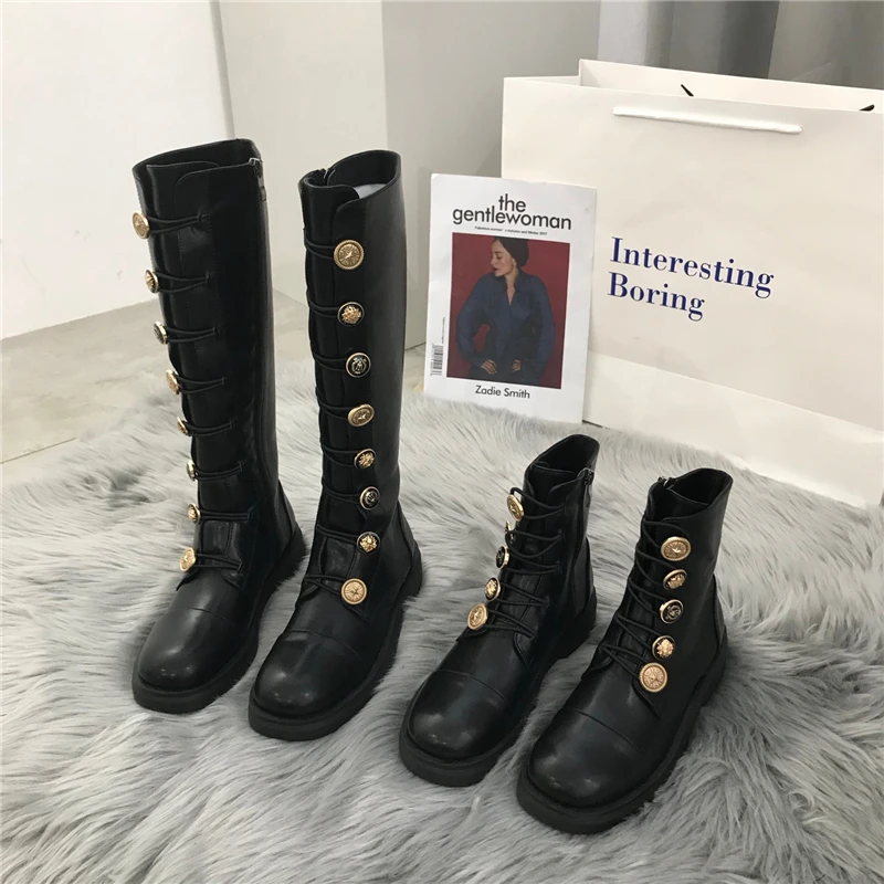 Women Martin Boots British style metal badge button retro black leather high booties knight boots female army boots
Women Martin Boots British style metal badge button retro black leather high booties knight boots female army boots