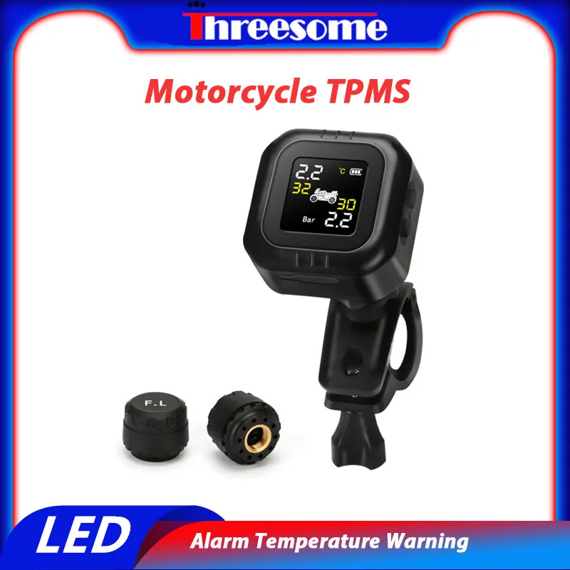 TPMS Motorcycle Tire Pressure Monitor System LED color Display Alarm Temperature Warning with two sensors handlebar installation
TPMS Motorcycle Tire Pressure Monitor System LED color Display Alarm Temperature Warning with two sensors handlebar installation