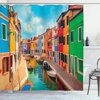 

Venice Shower Curtain, Colorful Buildings and Water Canal with Boats Burano Island in The Venetian Lagoon, Cloth Fabric Bathroom