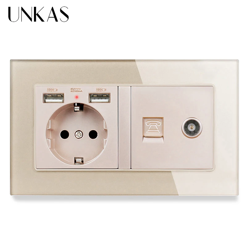 UNKAS класса люкс Стекло Панель Европейская Сетевая розетка с двумя портами USB