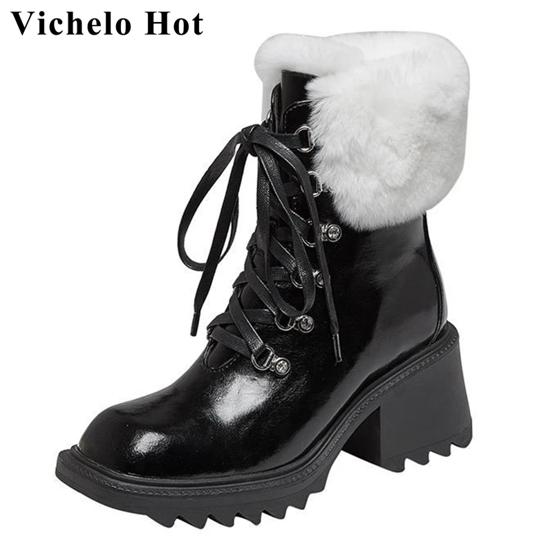 Vichelo Hot cow split leather snow boots square toe thick high heels winter rabbit fur Korean cross-tied rivets ankle boots l81
Vichelo Hot cow split leather snow boots square toe thick high heels winter rabbit fur Korean cross-tied rivets ankle boots l81