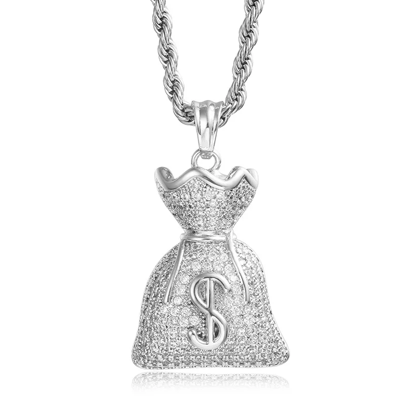 

Hip Hop Micro Paved AAA Cubic Zirconia Iced Out Bling US Dollar Money Bag Pendants Necklace for Men Rapper Jewelry