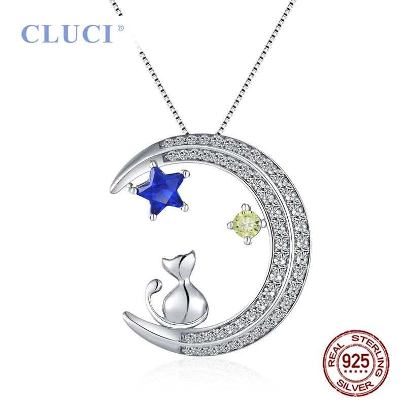 

CLUCI Silver 925 Pendant Necklace Cat with Star Moon 925 Sterling Silver Zircon Necklace for Women Valentine Day Gift DP006SB