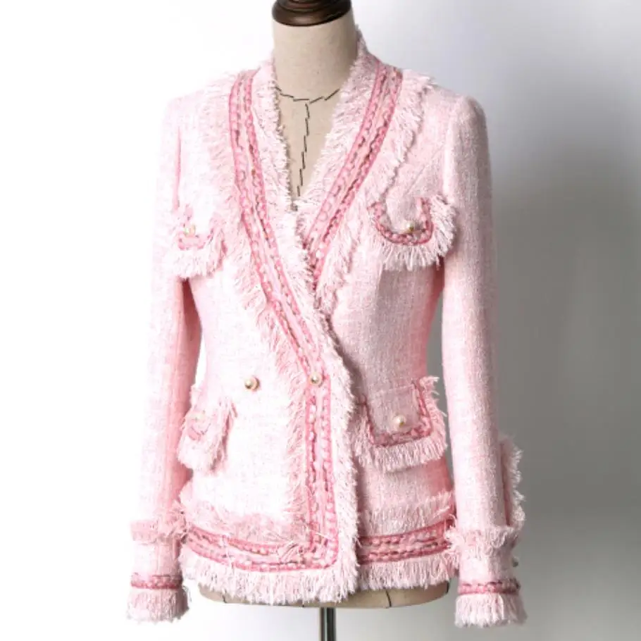 Women slim tassel tweed jacket V neck VINAGE autumn pearls button pink pockets short casual work ladies OL wool jacket
Women slim tassel tweed jacket V neck VINAGE autumn pearls button pink pockets short casual work ladies OL wool jacket