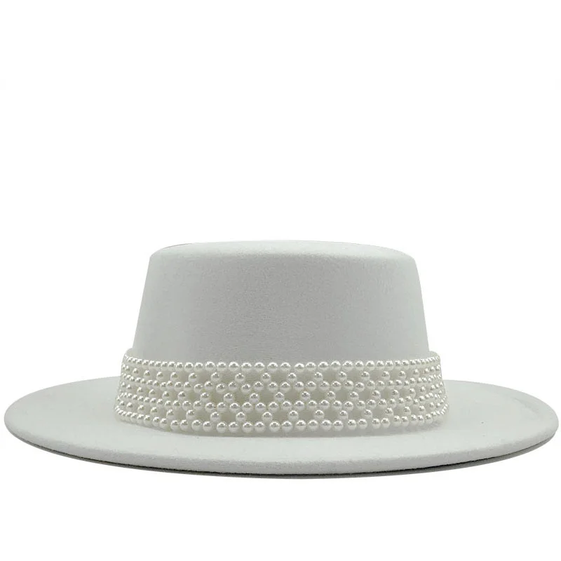 

New Women pearl Wool Felt Hats White Wide Brim Fedoras for Wedding Party Church Hats Pork Pie Fedora Hat Floppy Derby Triby Hats