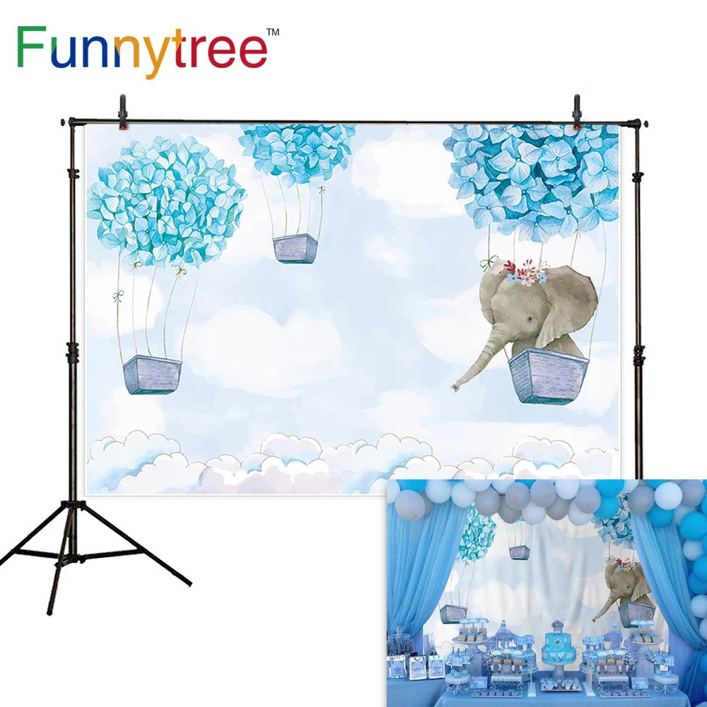 

Funnytree hot air balloon blue elephant first birthday background photozone backdrop baby shower boy baptism flower party custom