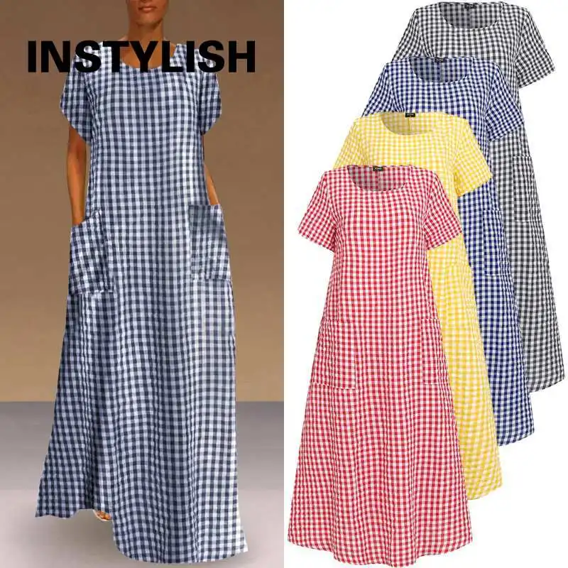 Женское винтажное платье-макси в богемном стиле, Длинный свободный клетчатый сарафан с коротким рукавом, Повседневное платье оверсайз с карманами, на лето
Женское винтажное платье-макси в богемном стиле, Длинный свободный клетчатый сарафан с коротким рукавом, Повседневное платье оверсайз с карманами, на лето