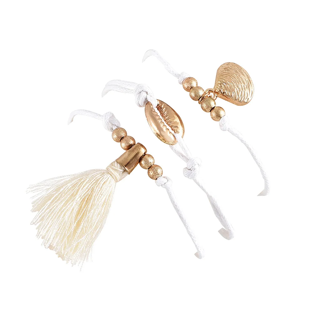 Фото 3 Pcs/Set Simple Women Bracelets Fringed Shell Scallop Beads Pendant Leather Rope Gold Bracelet Set Wedding Party Jewelry Gifts | Украшения