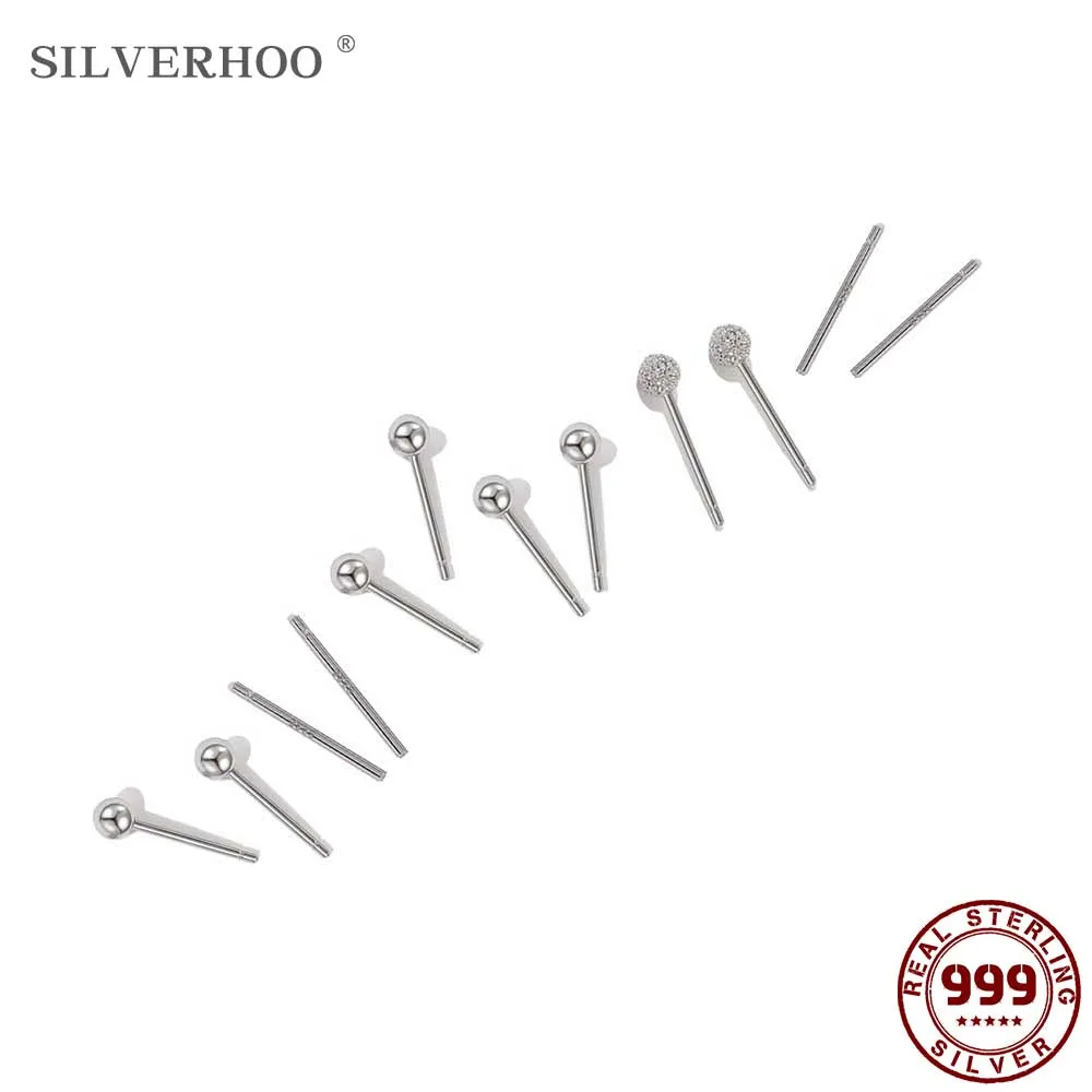 SILVERHOO Minimalist 999 Sterling Silver Stud Earrings For Women Smooth Matte Round Beads Tiny Earring Anti-Allergy Jewelry | Украшения и