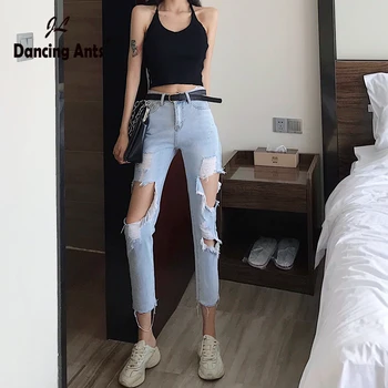 Woman Jeans High Waist Hole Denim Harem Pants 2020 Summer Korean Style Streetwear Solid Ripped Female Cotton Ankle-length Pants
Woman Jeans High Waist Hole Denim Harem Pants 2020 Summer Korean Style Streetwear Solid Ripped Female Cotton Ankle-length Pants