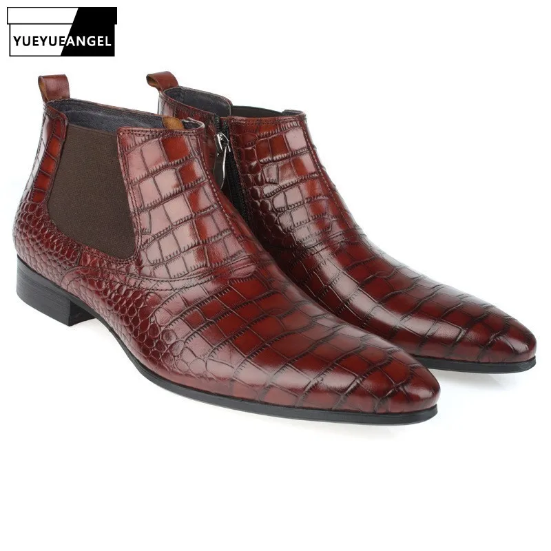 Winter Mens Pointed Toe Business Formal Dress Shoes Block Heels Real Leather Work Safety Ankle Boots Office Party Chelsea | Обувь