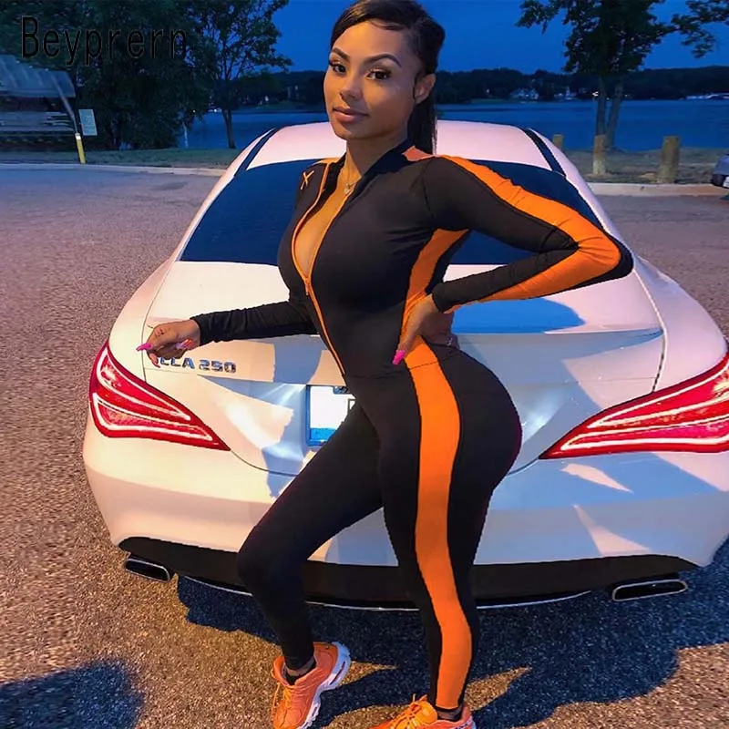 

Beyprern Sporty Neon Stripes Black Jumpsuit Womens Contrast Color Zipper Up Plunging Gym Tight Jumpsuit Rompers Active Wears
