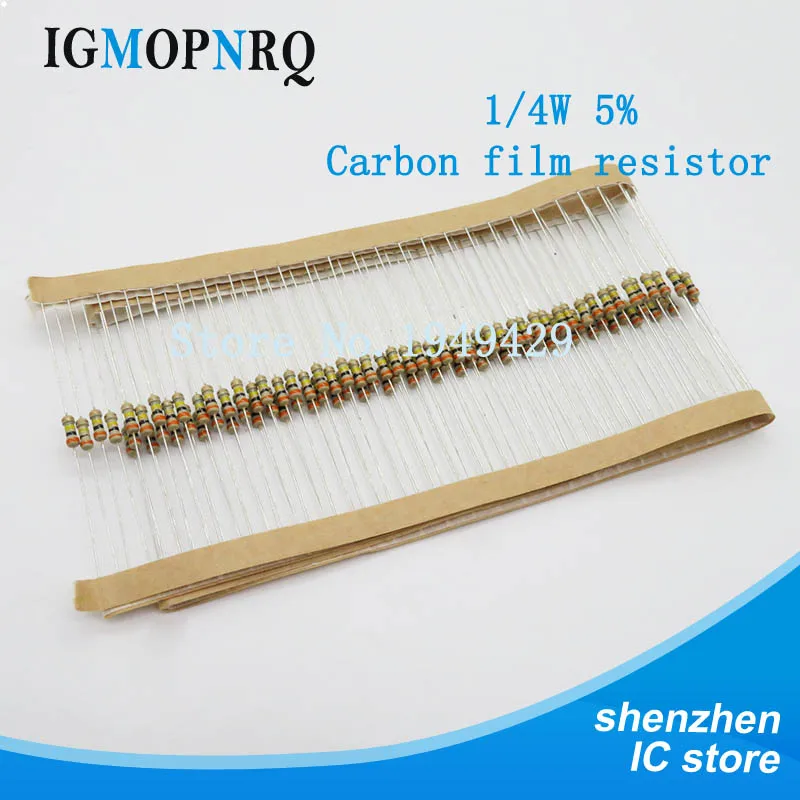 

500PCS 1/4W Carbon Film Resistors 5% 1R-10M 10R 47R 100R 220R 1K 10K 4K7 100K 560K 1M 3M3 ohm Color Ring Resistance