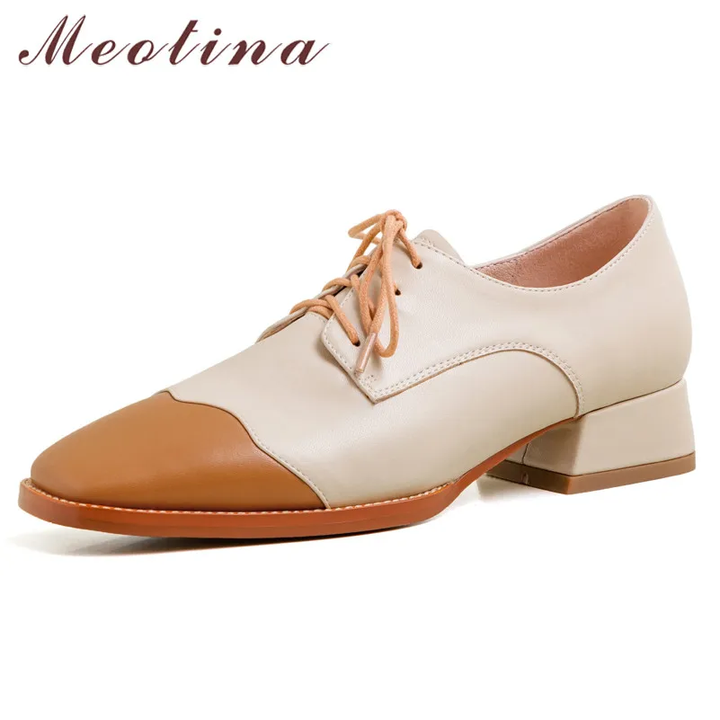 

Meotina High Heels Women Pumps Natural Genuine Leather Thick Heel Shoes Sheepskin Mixed Colors Square Toe Shoes Lady Size 34-40